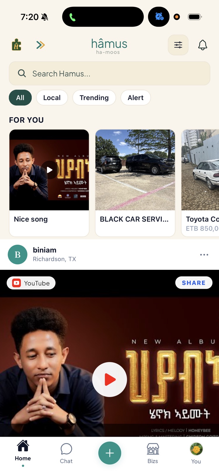 Hamus home feed with For You listings and a community post