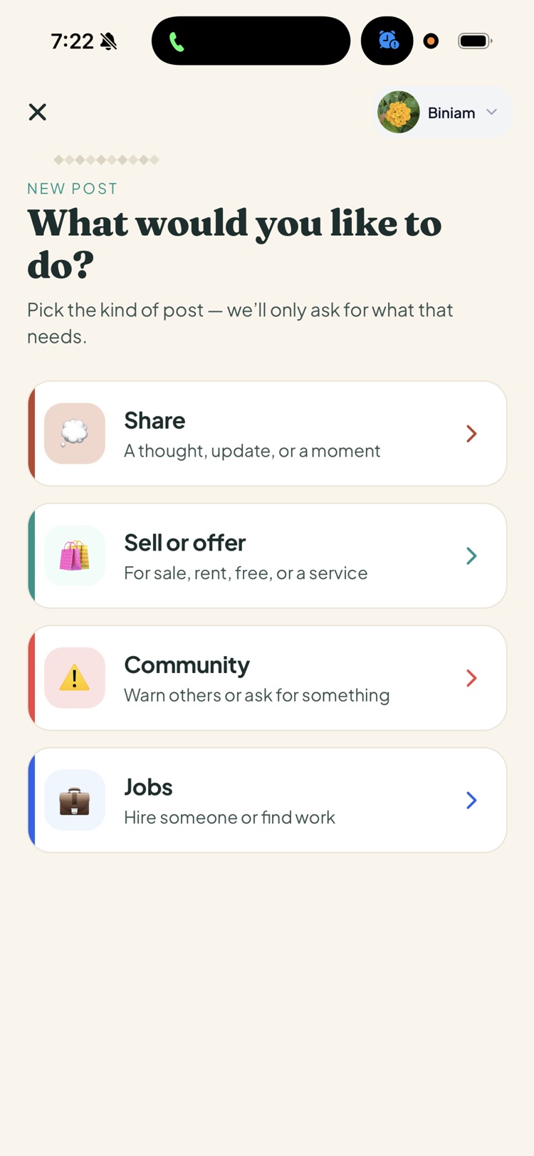 Hamus new-post screen offering Share, Sell or offer, Community alert, and Jobs post types