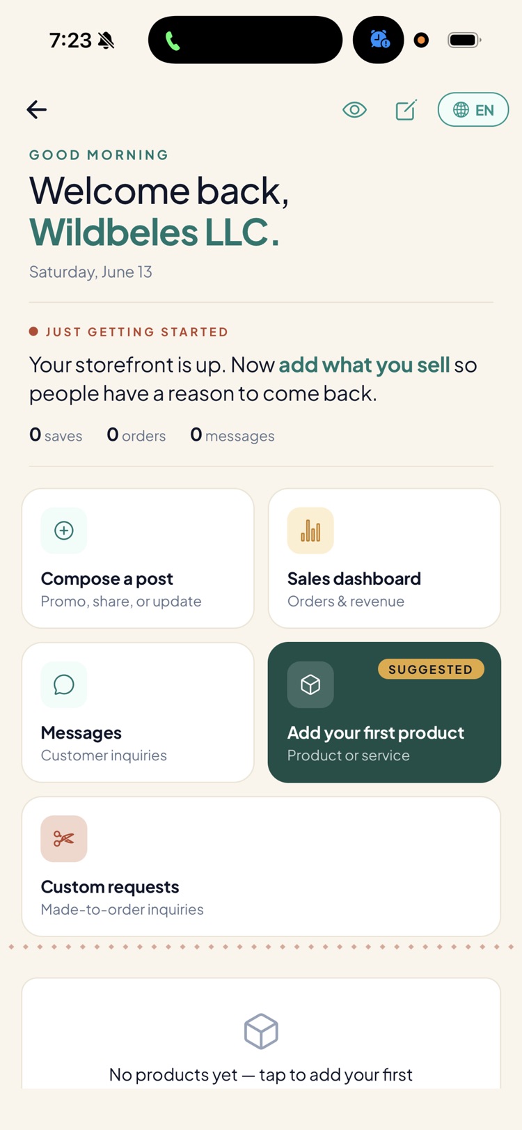 Hamus seller dashboard with compose post, sales, messages, and add product